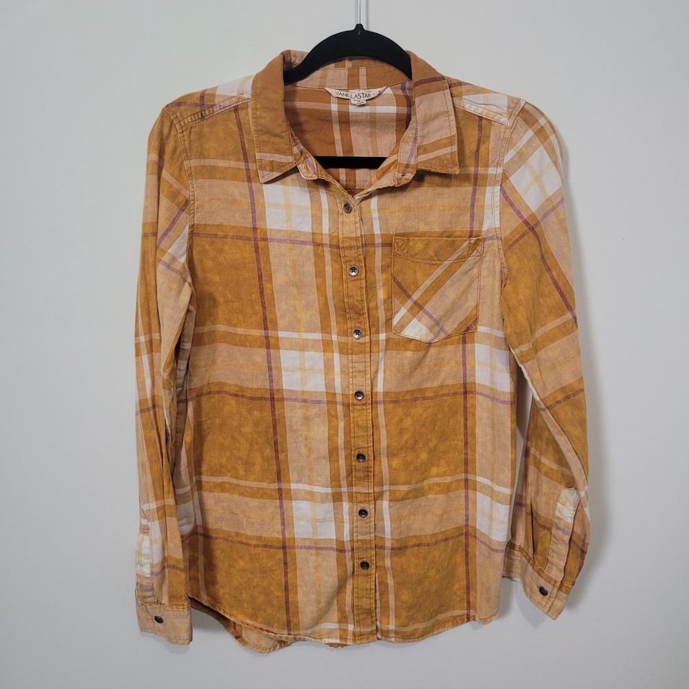 Vanilla Star Size S Flannel Button Down Women Mustard Yellow Plaid Cotton Shirt